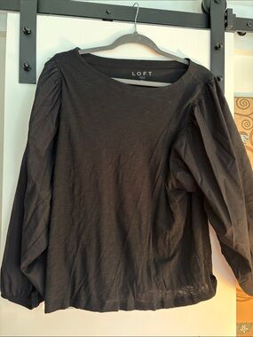 LOFT Black Puff-Sleeve Cotton Blend Top
